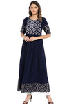 Janasya Women's Poly Crepe Gold Print Flared Kurta Navy Blue