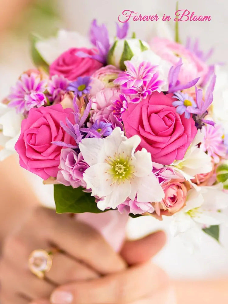 MACTING Artificial Flower Roses 30PCS Real Touch Spring Fake Flowers with Stem Fuchsia Foam Roses for Wedding DIY Bouquets Table Centerpieces Party Bridal Shower Holiday Home Decorations