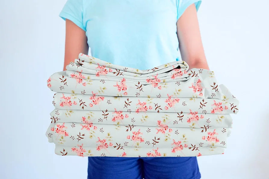 Premium Cotton Elastic Fitted Bedsheets with 2 King Size Pillow Covers Double Bed with All Around Elastic Supersoft Size - 72 x 78 +10 inches Flower Print Sky Blue and Pink 200 tc - 220 tc