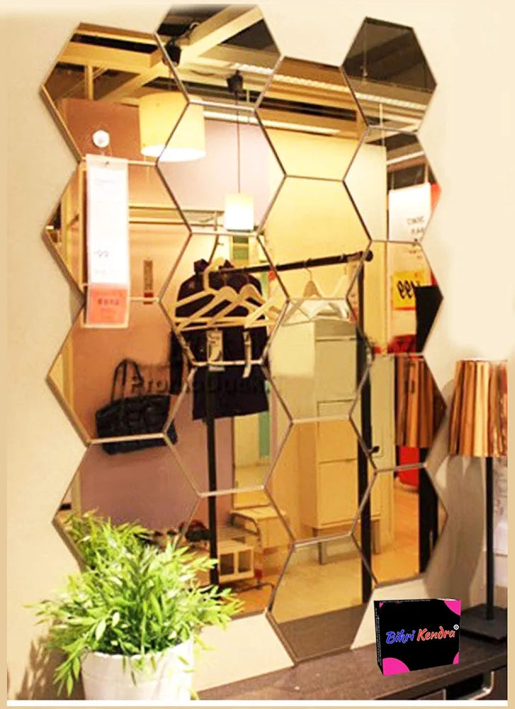 Bikri Kendra - Hexagon 20 Golden Stickers for Wall, Hexagon Mirror, Acrylic Mirror Sticker, Hexagonal Wall Sticker,