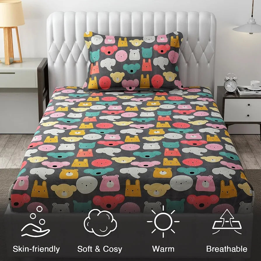 FRESH FROM LOOM Glace Cotton Wrinkle Free Soft Hypoallergenic Bed Sheet | Cartoon Printed Single Bedsheet With One Pillow Cover For Kids , 144 tc