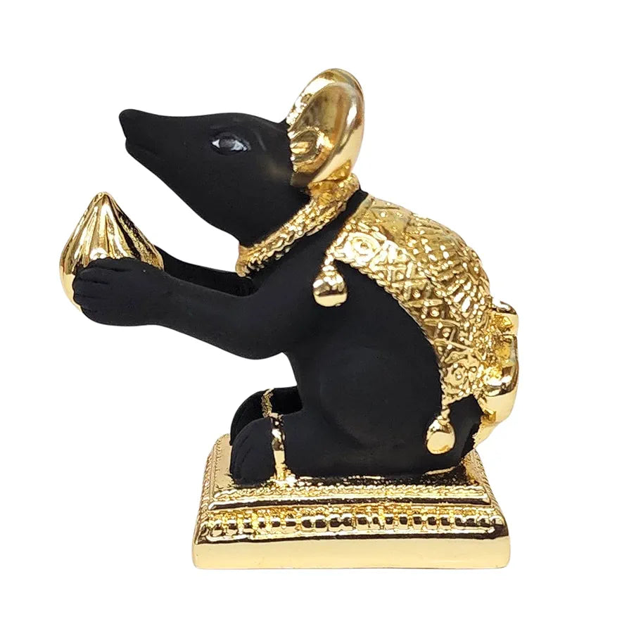 Gold Art India Gold-Plated Mushak  Mouse with Modak | Black Terracotta Finish | Mouse Idol | Vehicle  of Lord Ganesha | 2.5 Inch Height | Home Decor, Mandir Pooja Room, Office Desk