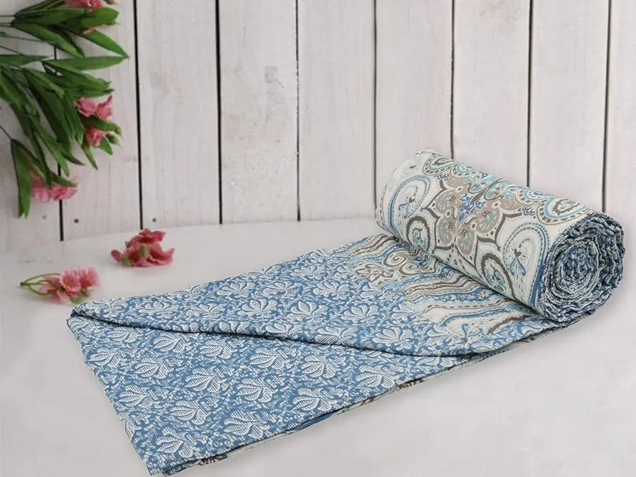 Trance Home Linen 100% Cotton Reversible Dohar Double Bed Size | Jaipuri Printed Artisan Block Design Blanket | Soft Lightweight Ac Comforter Quilt 