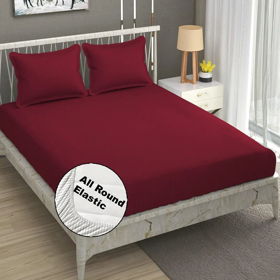 FRESH FROM LOOM 240 TC Satin Striped Soft Fitted Bedsheet King Size Bed with Two Pillow Cover|Elastic Fitted Bed Sheets|Bed Covers for Mattresses Tuck in ,Multicolor