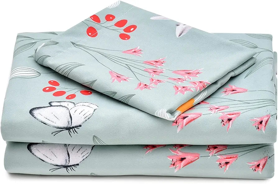 THE HOME STYLE Cotton Feel Glace Cotton Elastic Fitted Printed Double Bed King Size Bedsheet With 2 Pillow Cover,300 TC,Green