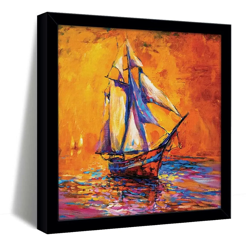 ArtX Colorfull Ship Oil Painting Big Canvas Painting For Bedroom With Frame, Multicolour, Square, 24.0 x 24.0 inch, 2x2 Feet, Set Of 1