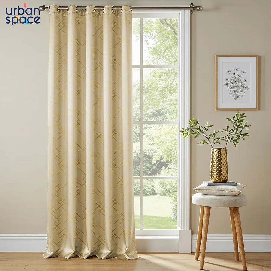 Urban Space Blackout Curtains for Living Room, Gold Foil Printed Luxurious 100% Blackout Decorative Door Curtain Eyelet with Tieback, 1 Piece 