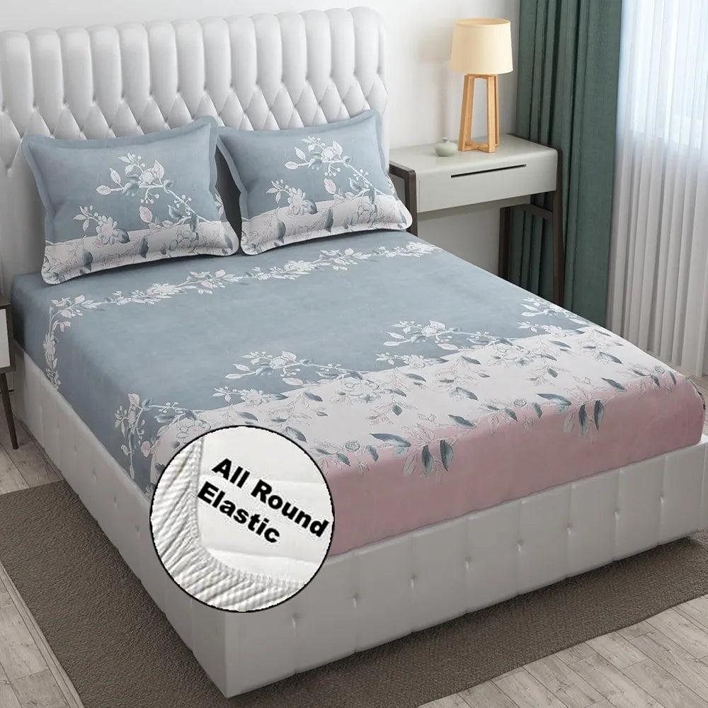 FRESH FROM LOOM King Size Floral Print Microfiber Fitted Bedsheet Set - 240 TC, Anti Fade, Includes 2 Pillow Cover | Grey, Walnut)