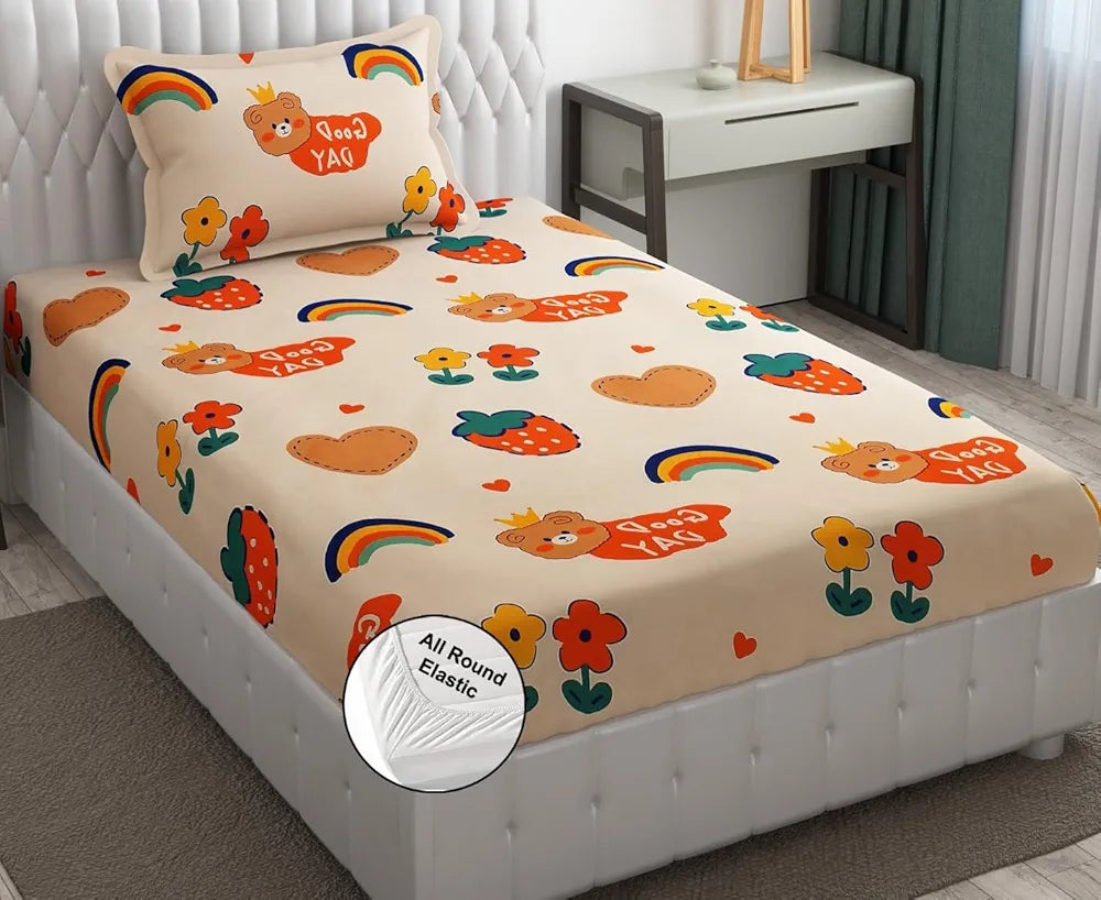 FRESH FROM LOOM Wrinkle Free Glace Cotton Elastic Printed Fitted Bedsheet For Kids For Single Bed With 1 Pillow Cover|Good Day),Small Single,Beige, 300 TC