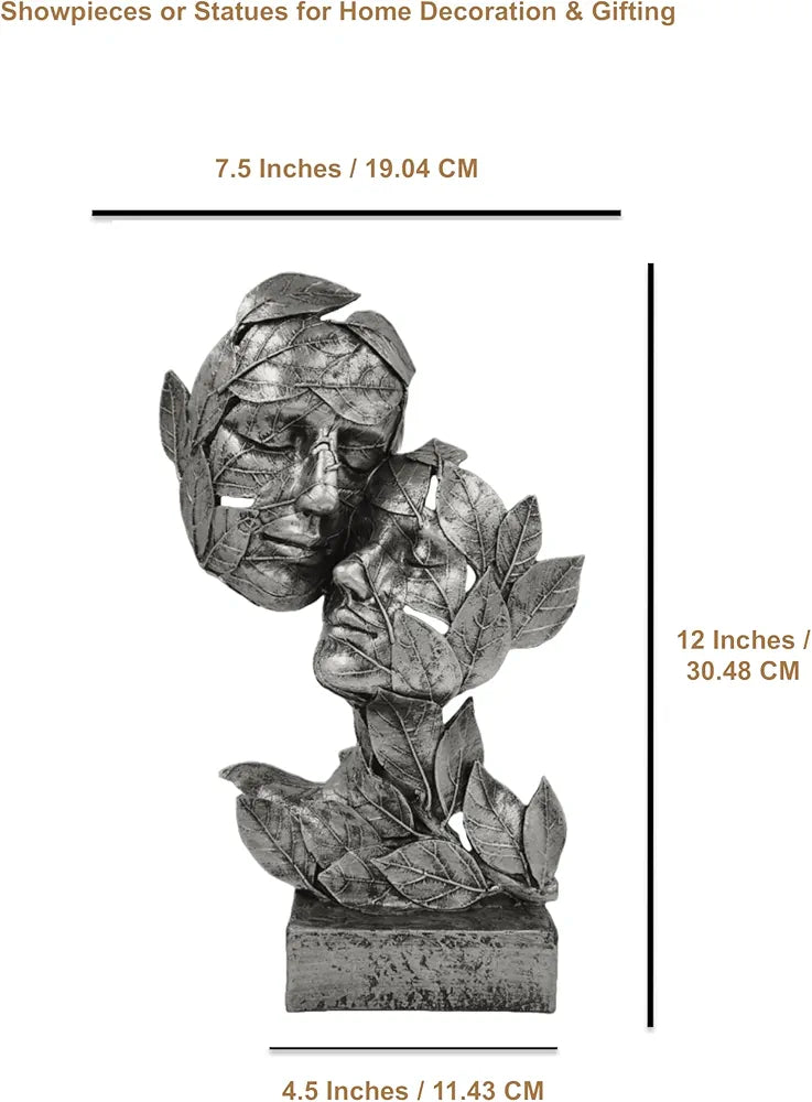 ALILA Silver Leaf Couple Faces Statue Showpiece Idol for Gifting & Home Table Decoration Vastu Lucky, 12.5 Inches Height