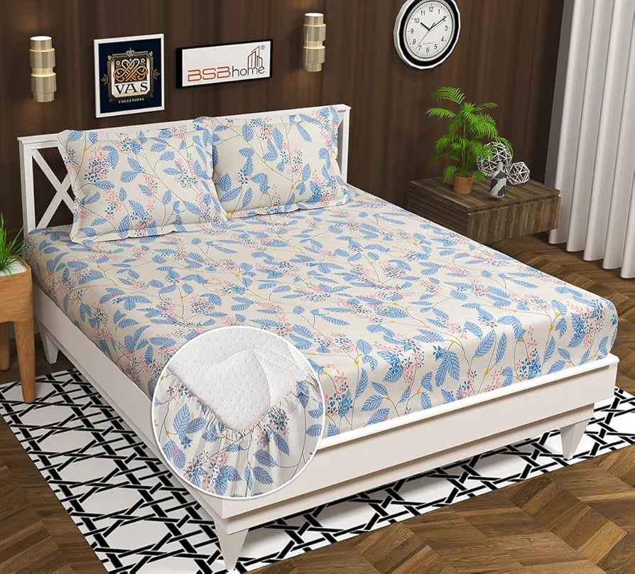 220 TC Premium Cotton Elastic Fitted Bedsheets with 2 Pillow Covers|Double Bed with Corner Elastic Wrinkelfree Supersoft Floral Pattren Breathable |Size-72 x 68 + 6 inches|White & Blue
