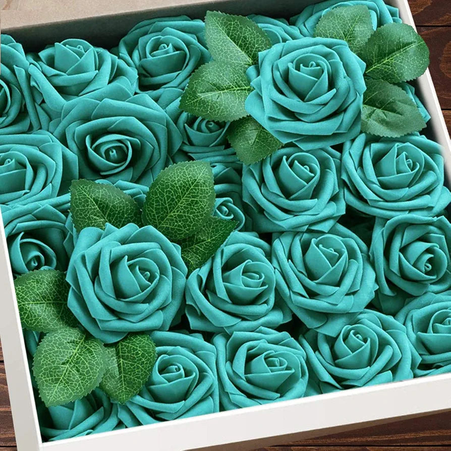 Higfra Artificial Flowers Green Fake Roses Real Looking Foam Artificial Roses with Stem for DIY Wedding Bouquets Centerpieces Bridal Shower Party Home Decorations – Green