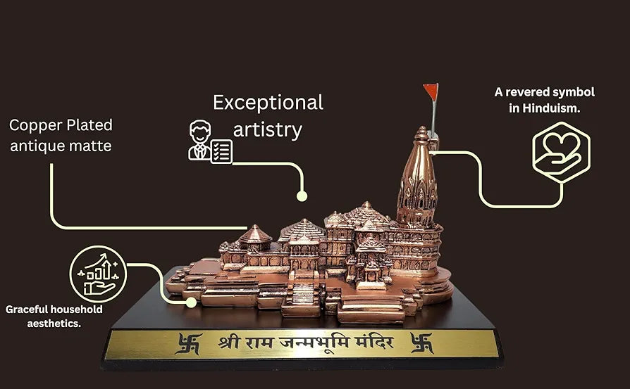 Gold Art India Ram Mandir Ayodhya Copper Antique - Minature for Gifting, Puja Room, Office Desk, Home Decor 