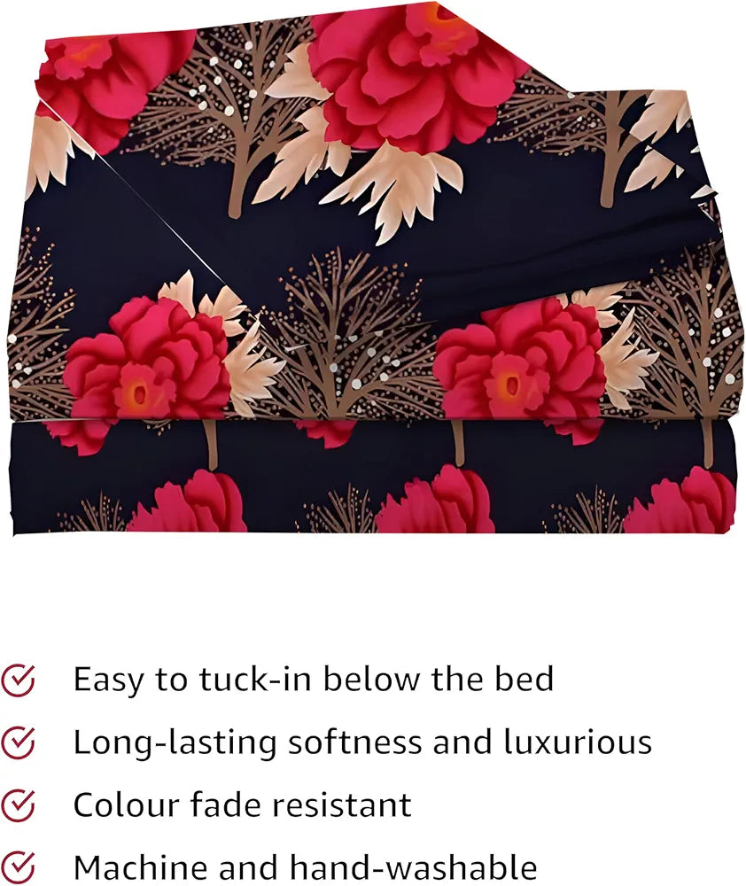 STARNSTYLE Polycotton 220 TC Floral Printed King Size Double Bedsheet with 2 Pillow Covers,  Blue Red