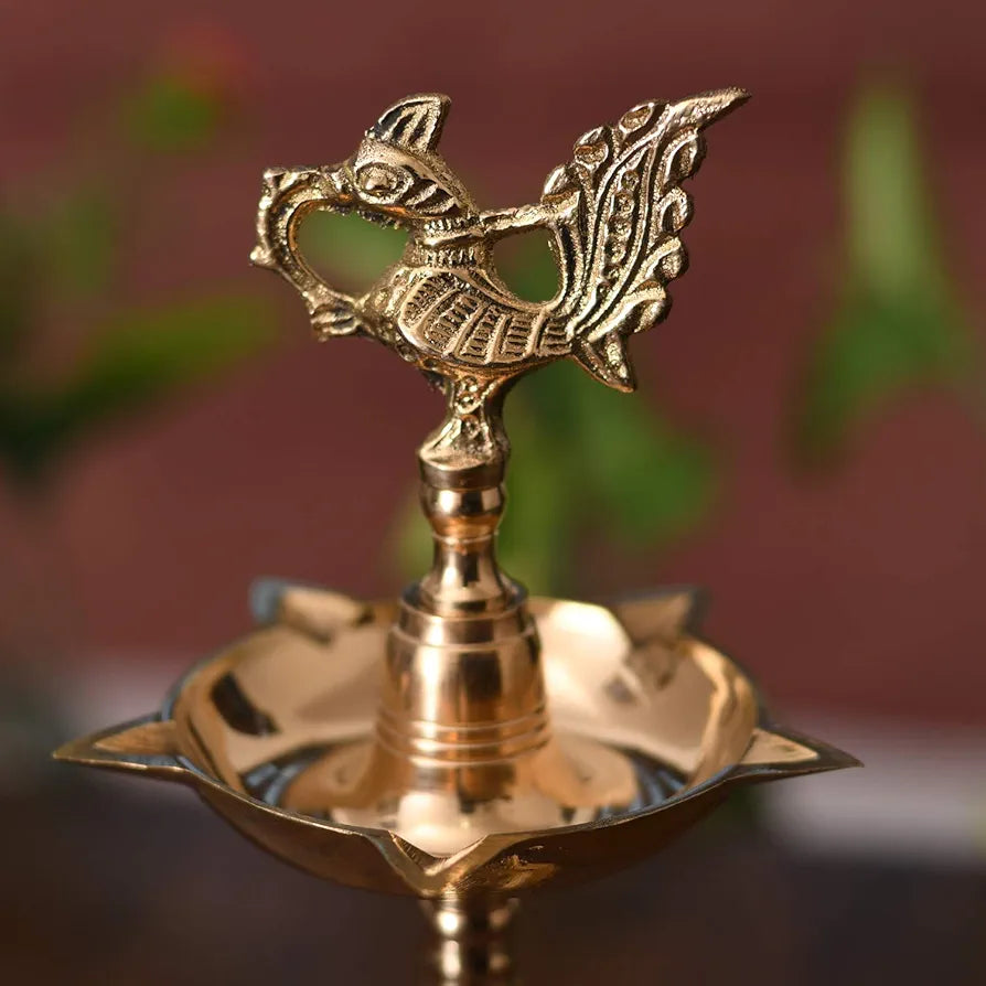 Collectible India Brass Peacock Mahabharat Diya Oil Lamp 