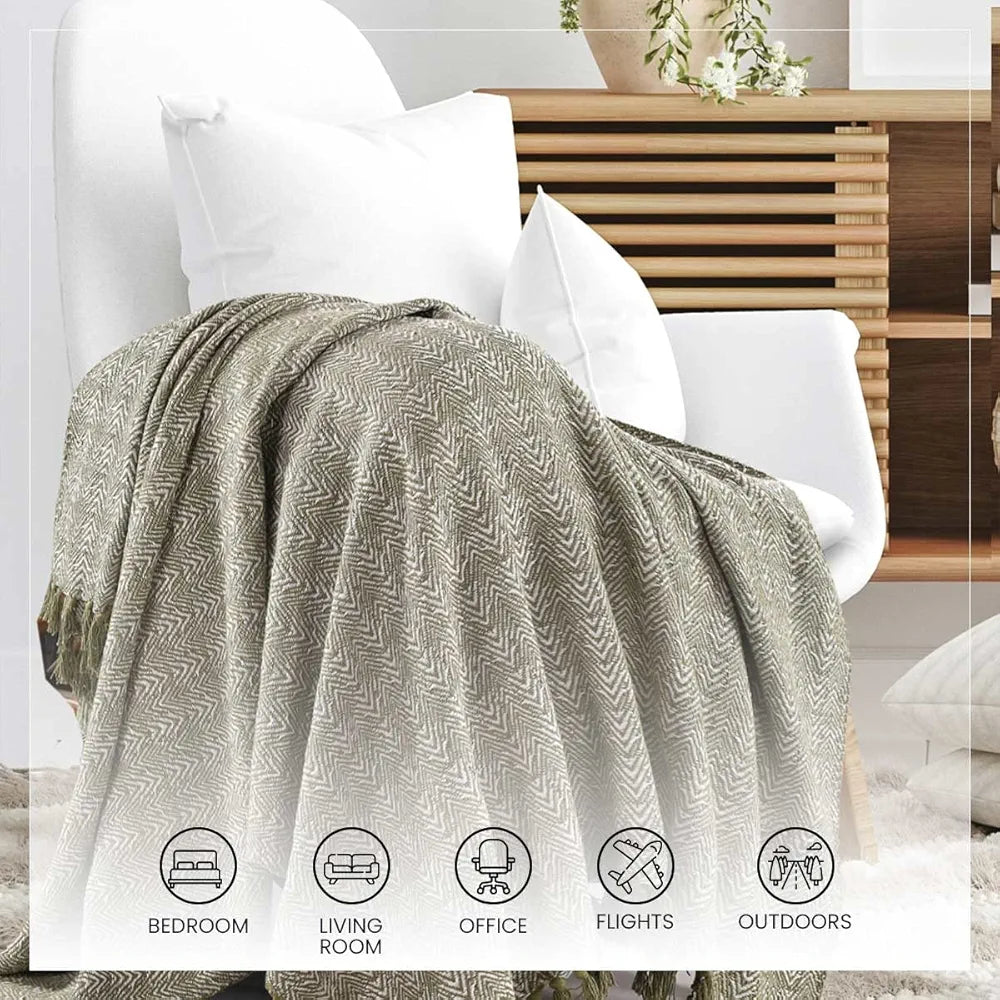 SASHAA WORLD Soft Herringbone Throw Blanket | Used Both Indoor and Outdoor |Blanket for Living Room, Sofa, Bed & Chair | Green Throw Blanket| Pack of 1, 180 x130 cm