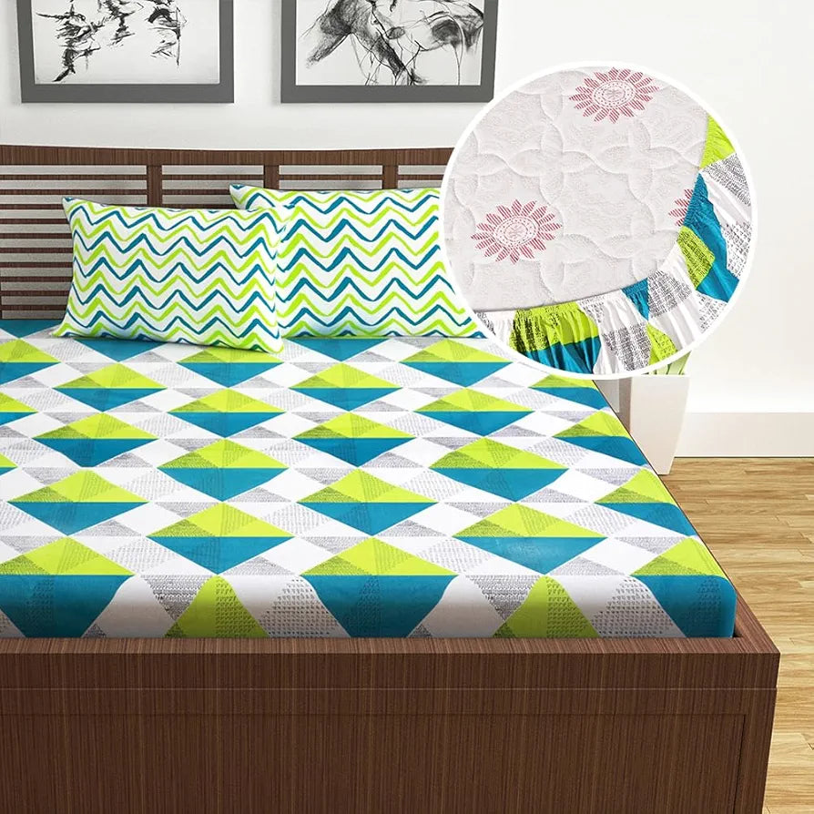 Divine Casa Green and Blue Abstarct Zig Zag Dual Print Pattern 120 TC Glace Cotton Elastic Fitted Printed Queen Size Double Bed Bedsheet with 2 Pillow Cover for Bedroom
