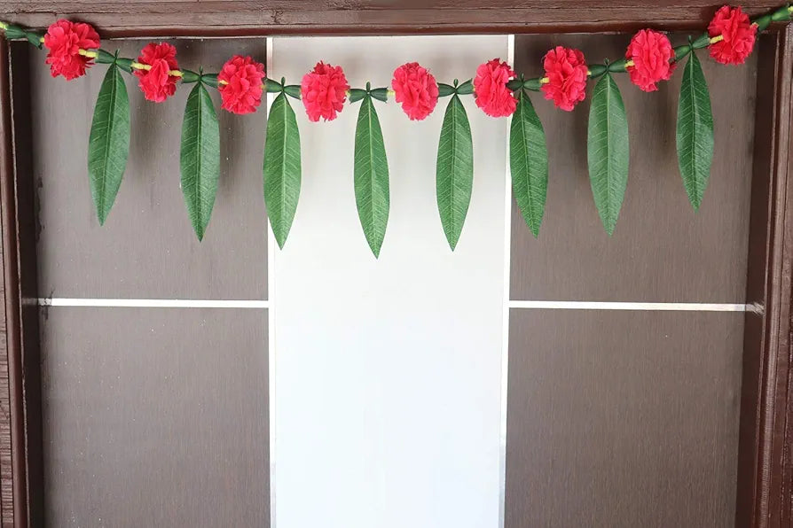 S2S® Artificial Megenta Marigold Flowers with Mango Leaf Door Toran for Main Door,Hanging Toran for Festive Decorations, Doorway Leaves toran  
