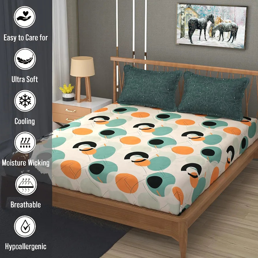FRESH FROM LOOM Microfiber Cotton Bedsheet for Double Bed |Hypoallergenic King Size Bedsheet | 240 TC Anti Fade Printed Bed Cover with 2 Pillow Cover 