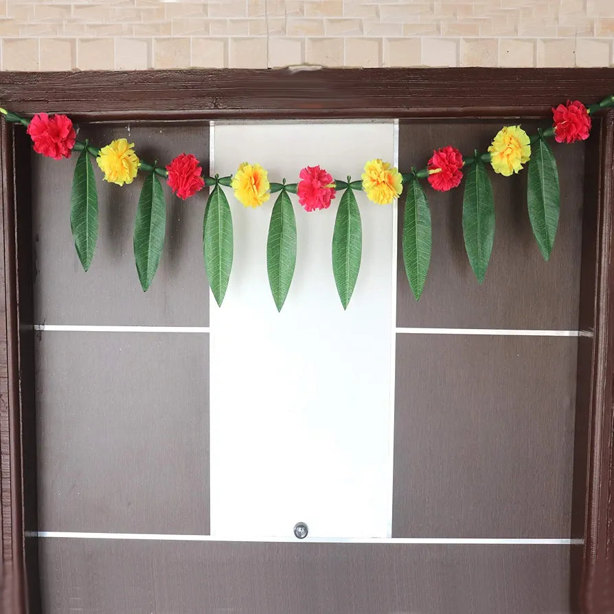 S2S®Artificial Yellow & Orange Marigold Flowers with Mango Leaf Door Toran for Main Door,Hanging Toran for Festive Decorations, Doorway Leaves Toran 