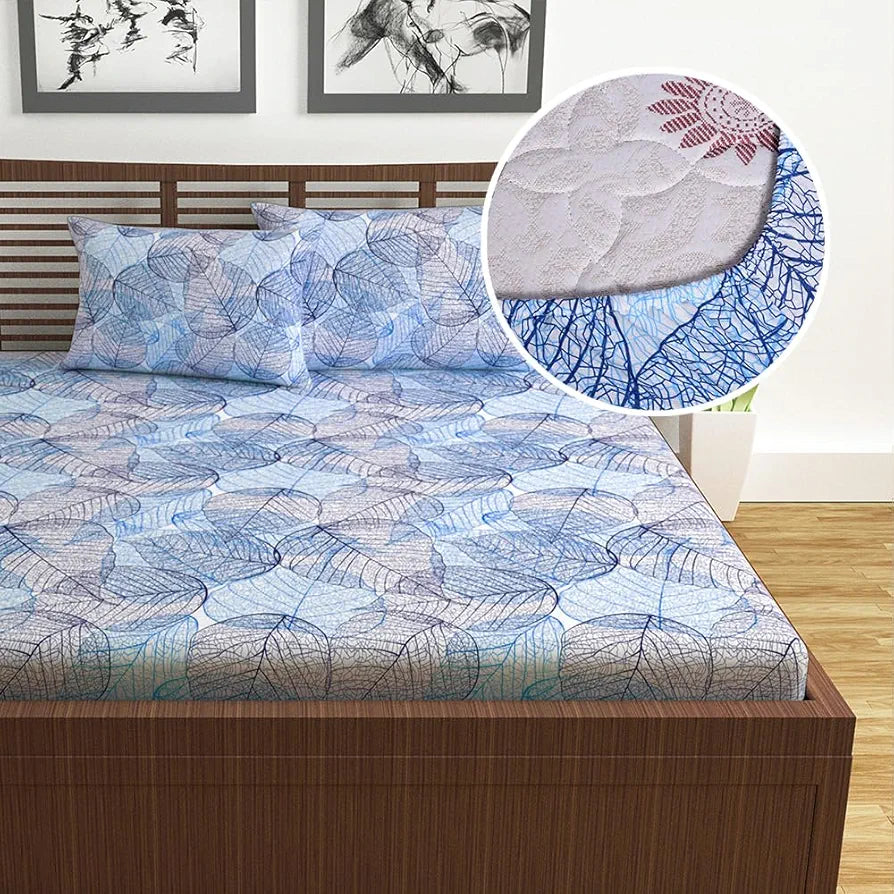 Divine Casa 144 TC Cotton Fitted Bedsheet for Double Bed | Elegant Iris Print – Dry Leaf Blue | Ultra-Soft & Breathable | Elastic Fit | 60