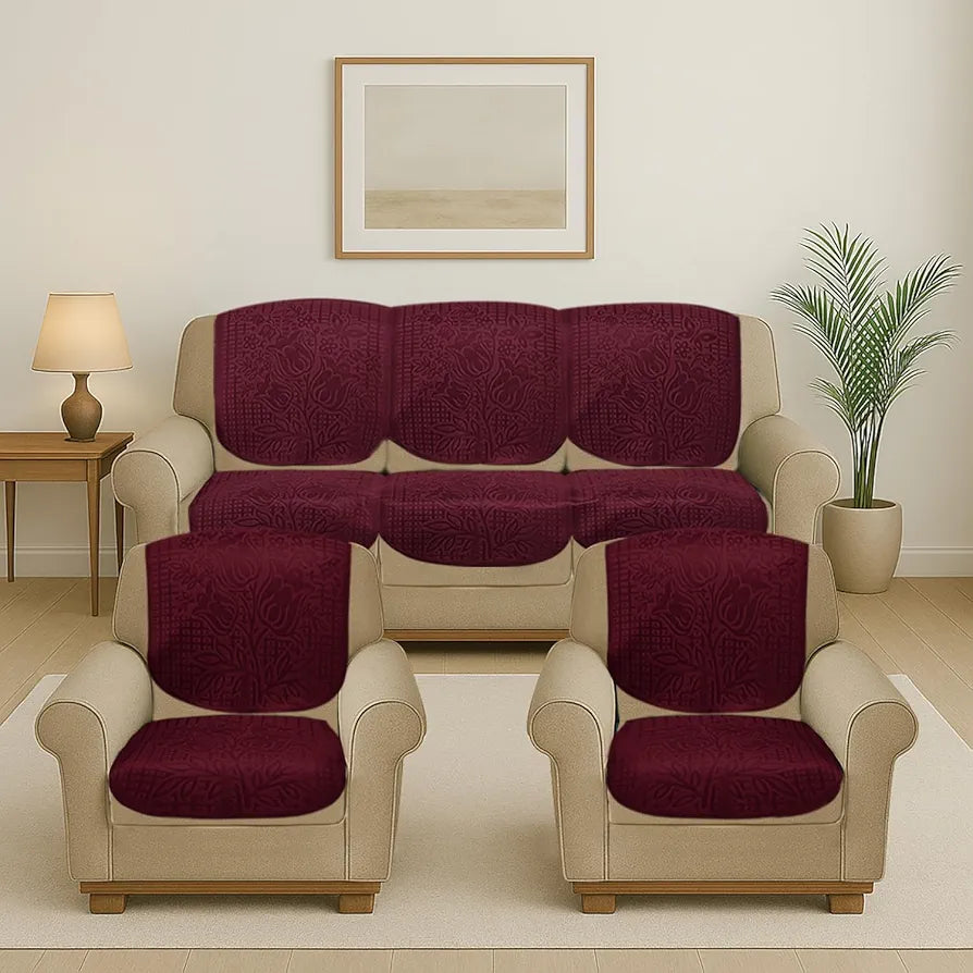Cloth Fusion Italian Velvet Sofa Cover 5 Seater Set, Perfect Floral Embossed Sofa Cover 3 Seater and 2 Seater for Living Room 