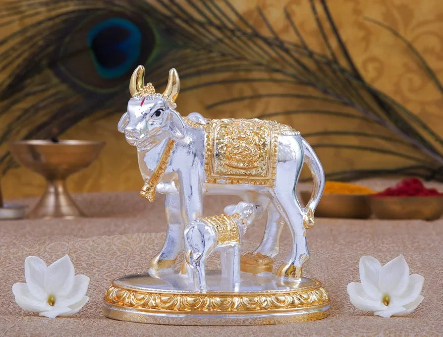Gold Art India Kamdhenu Cow with Calf Idol Gold Silver Plated | Home Decor Gaay Bachda Cow |Calf for Vastu | Positive Energy | Wealth Idol Diwali Puja | Housewarming 3.3