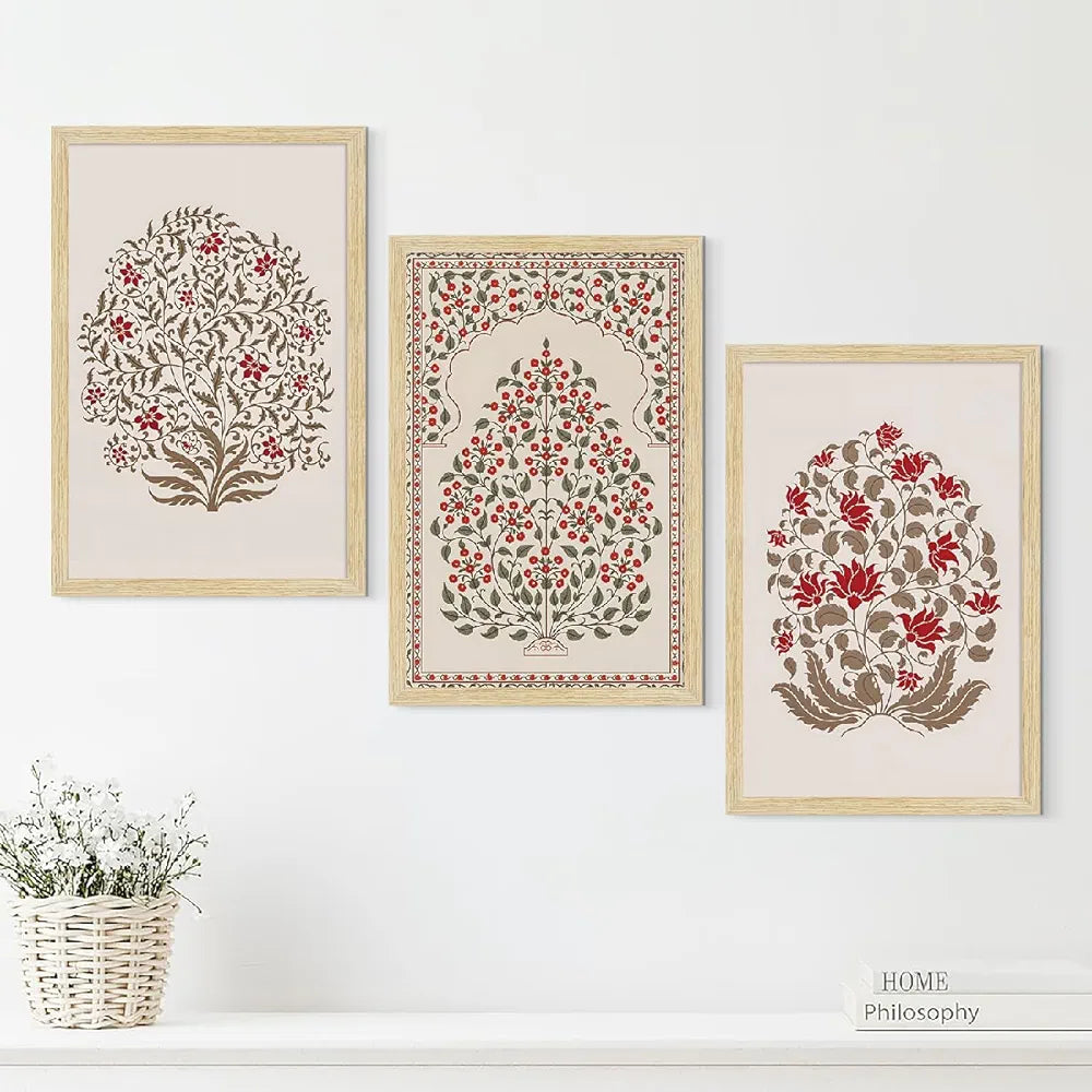 ArtX Paper Madhubani Floral Paintings with Frame for Home Decor Wall Art, Wall Paintings for Living Room, Multicolor, Natural Wood Color Frames, 12.0x18.0 inch, Set of 3