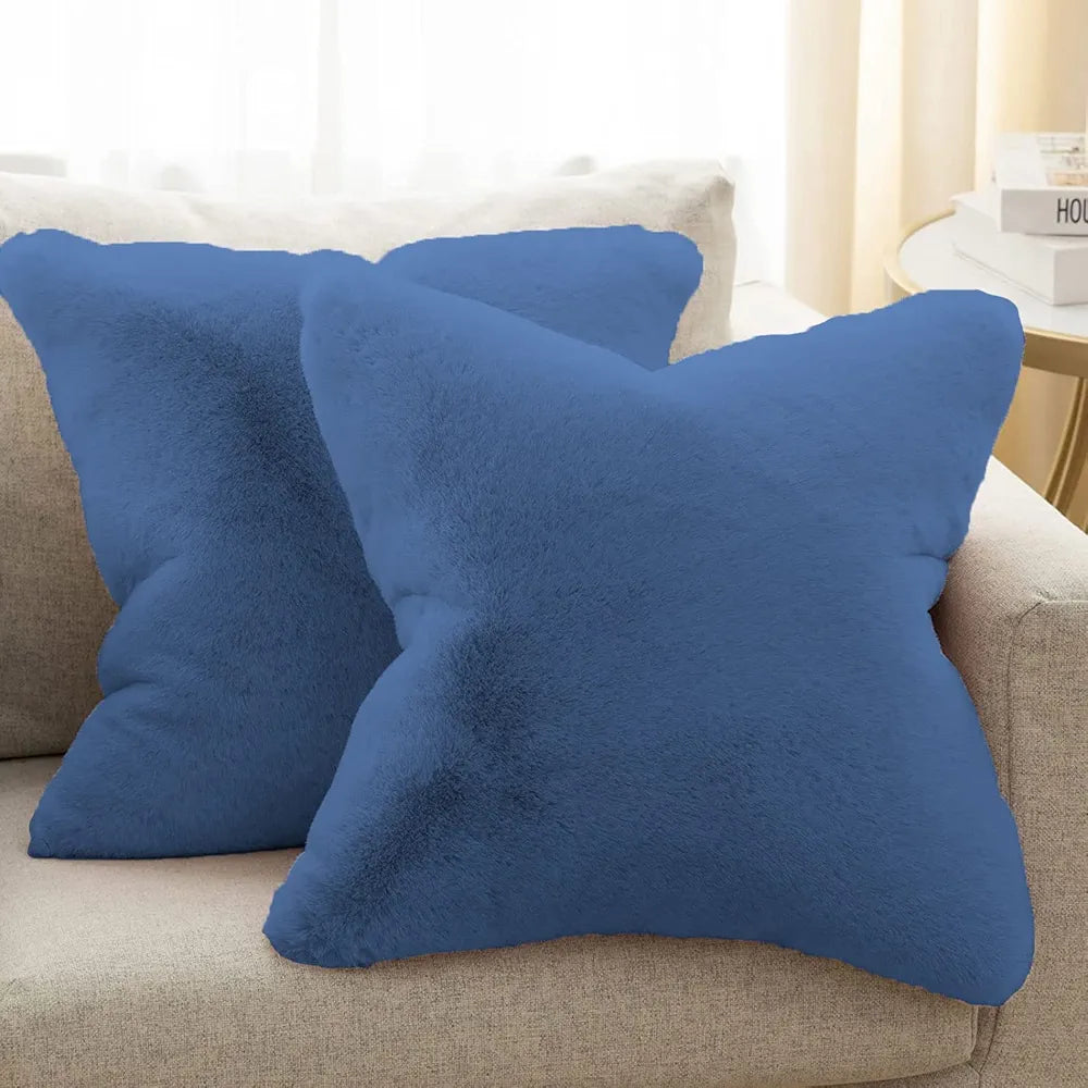 Luxe Home Cushion Cover 16 inch x 16 inch One Side Rabbit Fur Plain Design Covers Set of 2 for Sofa, Bedroom, livingroom 