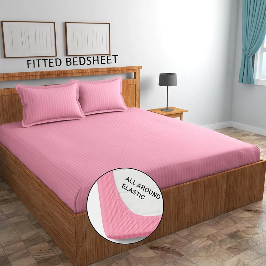 Homefab India 160 TC Stripe Cotton Feel Glace Cotton Elastic Fitted King Size Double Bed Bedsheet with 2 Pillow Covers Fits Upto 6 inches Mattress, Size-72X78 inches, Baby Pink