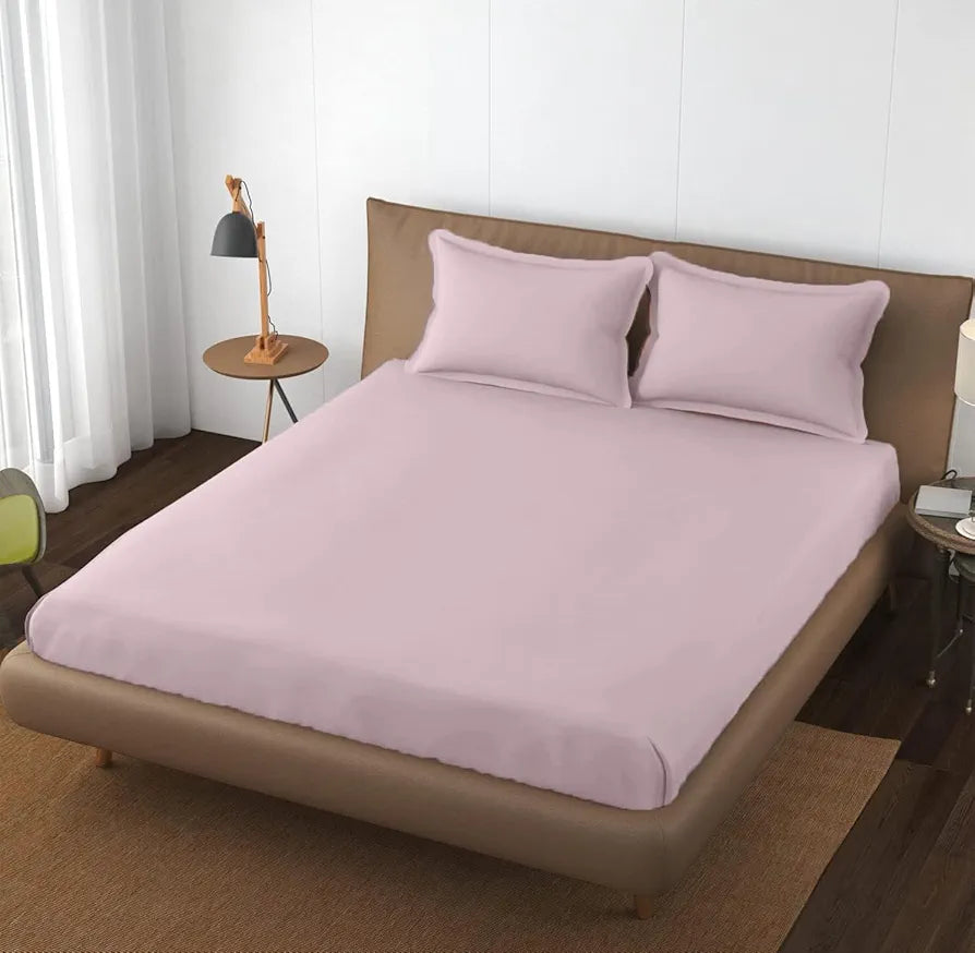 Trance Home Linen 100% Cotton 78 x 60 inch Queen Elastic Fitted Bedsheet | 400TC Premium Queen Double Bed Size Plain Fitted Elastic Bed Sheet with 2 Pillow Covers 