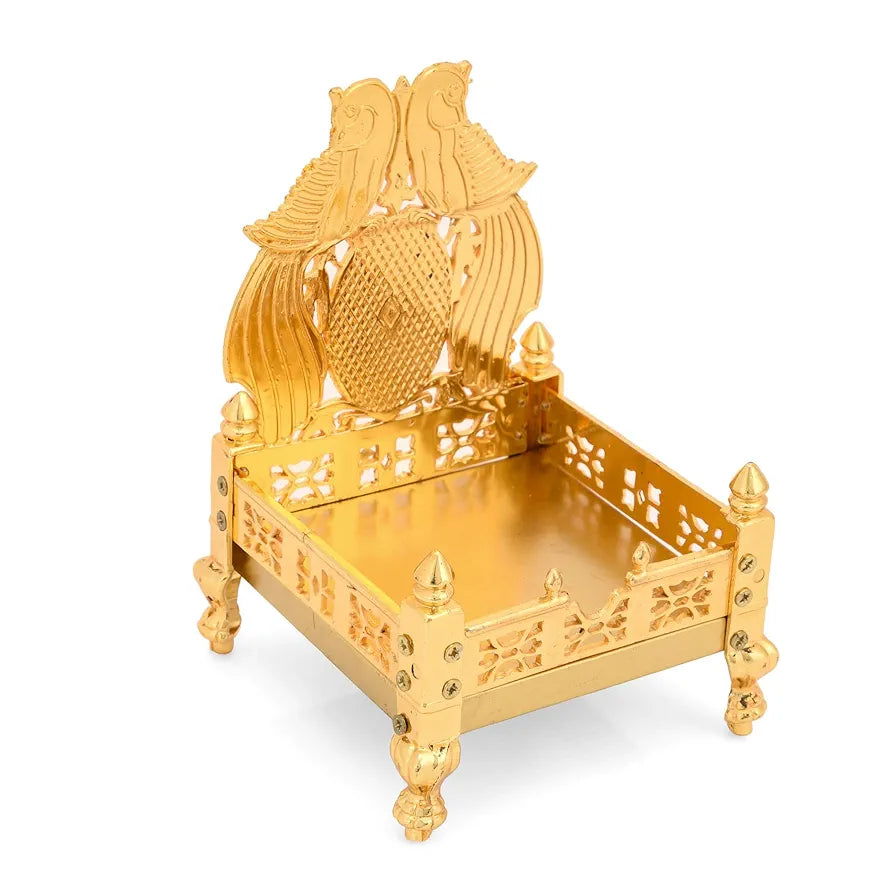 Collectible India Metal Gold Plated ladoo Gopal Singhasan Pooja Chowki mandir for God Thakur Puja Idol Peacock Design Decoration Items 