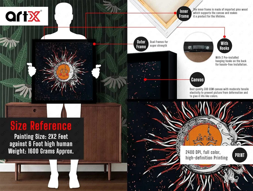 ArtX Sun And Moon Madhubani Big Canvas Painting For Living Room With Frame, Multicolour, Square, 24.0 x 24.0 inch, 2x2 Feet, Set Of 1