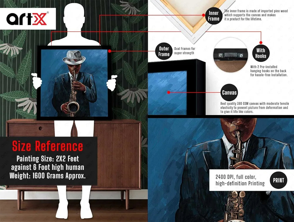 ArtX Musical instrument Man Play Saxophone Big Canvas Painting For Bedroom and Living Room With Frame, Multicolour, Square, 24.0 x 24.0 inch, 2x2 Feet, Set Of 1