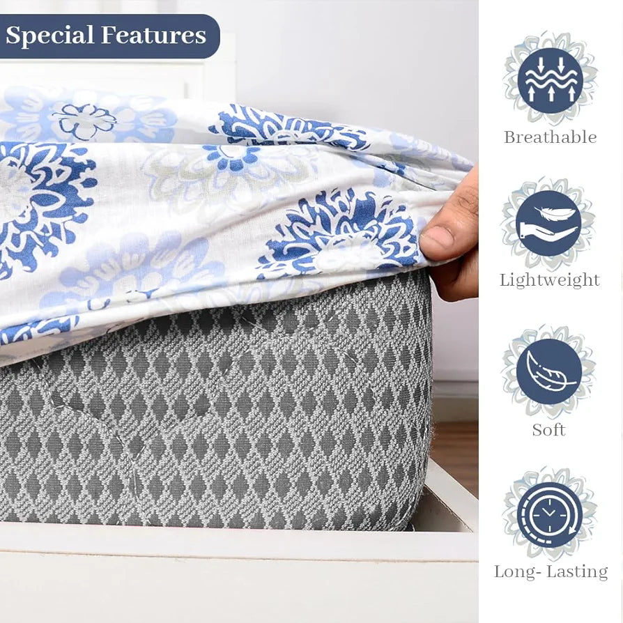 Divine Casa 144 TC Floral Grey 100% Cotton Elastic Fitted Bedsheets King Size with 2 Pillow Covers - 78 x 72 inches