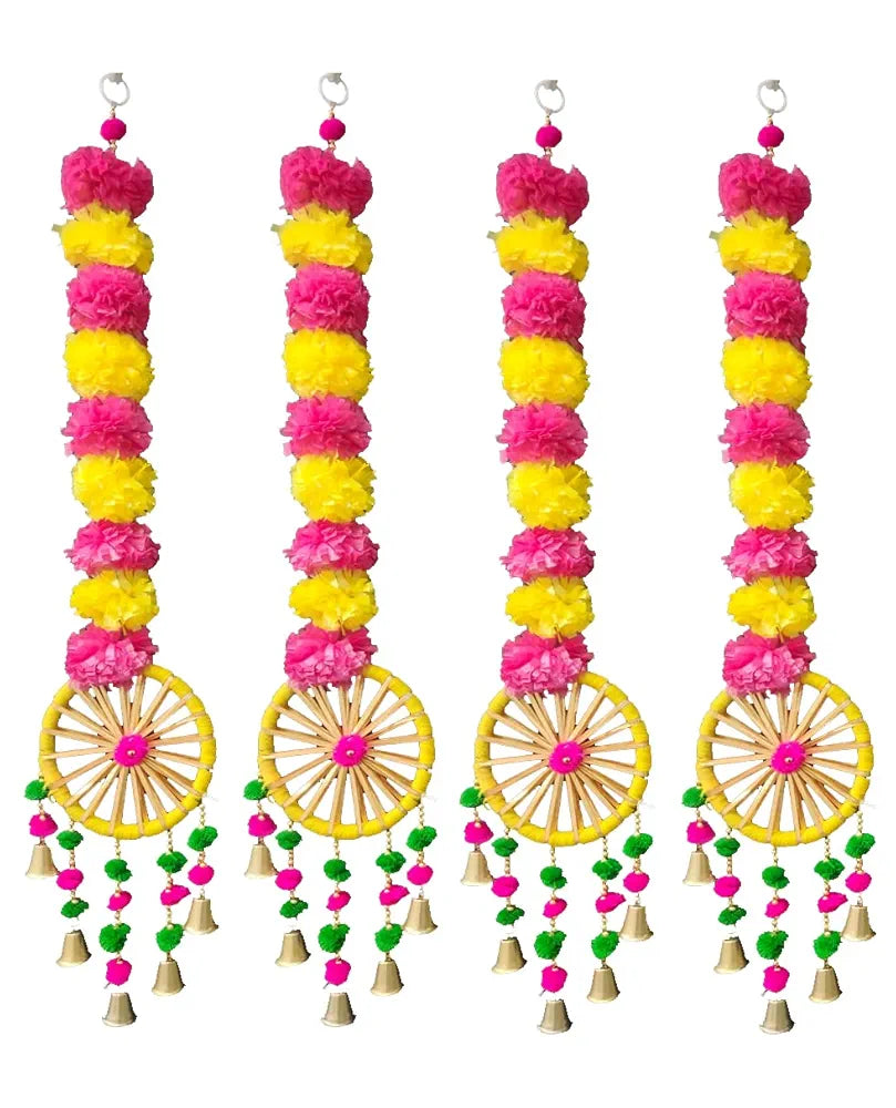 Just Flowers Artificial Marigold Flowers Wall Door Hanging Latkan Toran with Pom Pom Bells for Home Wedding Stage Backdrop Decoration 
