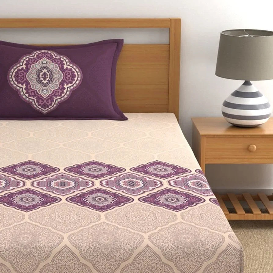 Dreamscape 100% Cotton Single Fitted Bedsheet with 1 Pillow Cover, 140 TC Cotton Ethnic Purple Bedsheet for Single Bed 