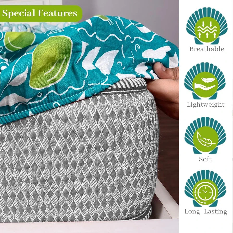 Divine Casa Blue and White Floral Pattern 144 TC 100% Cotton Elastic Fitted Printed Queen Size Double Bed Bedsheet with 2 Pillow Cover for Bedroom