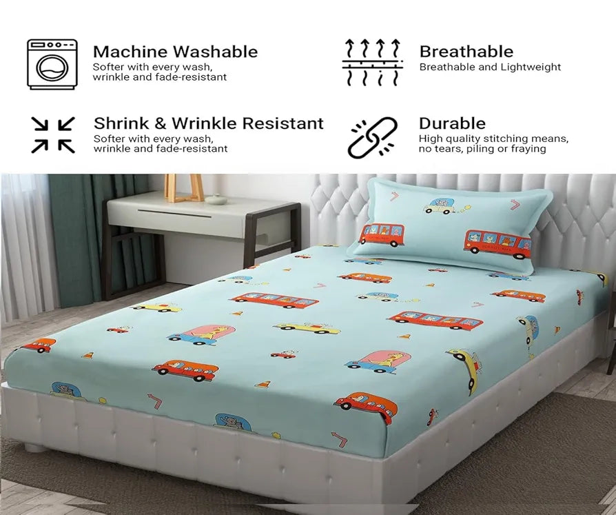 FRESH FROM LOOM Glace Cotton Wrinkle Free Soft Hypoallergenic Bed Sheet | Cartoon Printed | Single Bedsheet Kids Bedsheet For Boys & Girls Room With 1 Pillow Cover , 144 tc