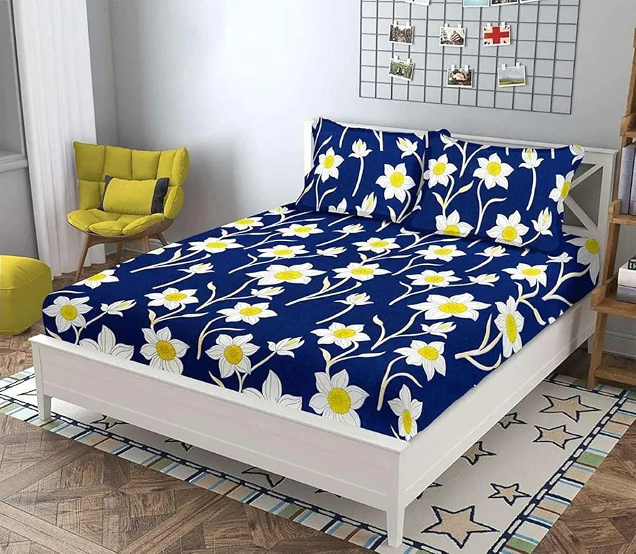 Polycotton 220 TC Floral Printed King Size Double Bedsheet with 2 Pillow Covers, (90 x 90 Inches, Yellow Blue