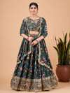 Odette Teal Printed and Embroidered Semi Stitched Lehenga With Unstitched Blouse (Set of 3)