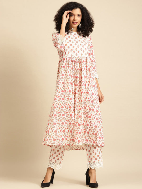 Women White & Pink Printed Kurta with Trousers