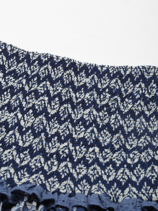 anayna Blue Floral Ethnic A-Line Cotton Midi Ethnic Dress