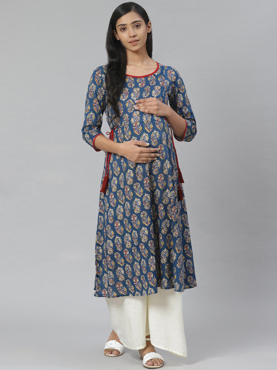 anayna Women Blue Ethnic Motifs Printed Block Print Maternity Kurta