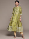 ISHIN Womens Silk Blend Green Embellished Anarkali Kurta