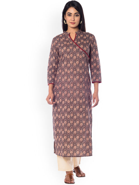 anayna Women Taupe & Red Printed Straight Kurta