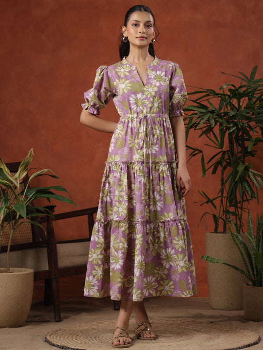 Anayna Floral Print Tie-Up Tiered Cotton Maxi Fit & Flare Dress