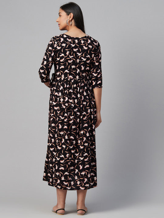 Women Black & Off-White Printed Maternity A-Line Dress