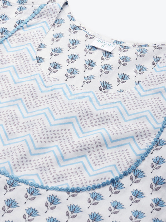 anayna Women White & Blue Printed Kurta with Trousers