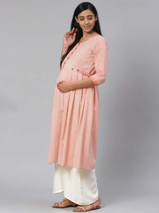 Women Peach-Coloured & Off-White Printed Pure Cotton Feeding Maternity A-Line Kurta